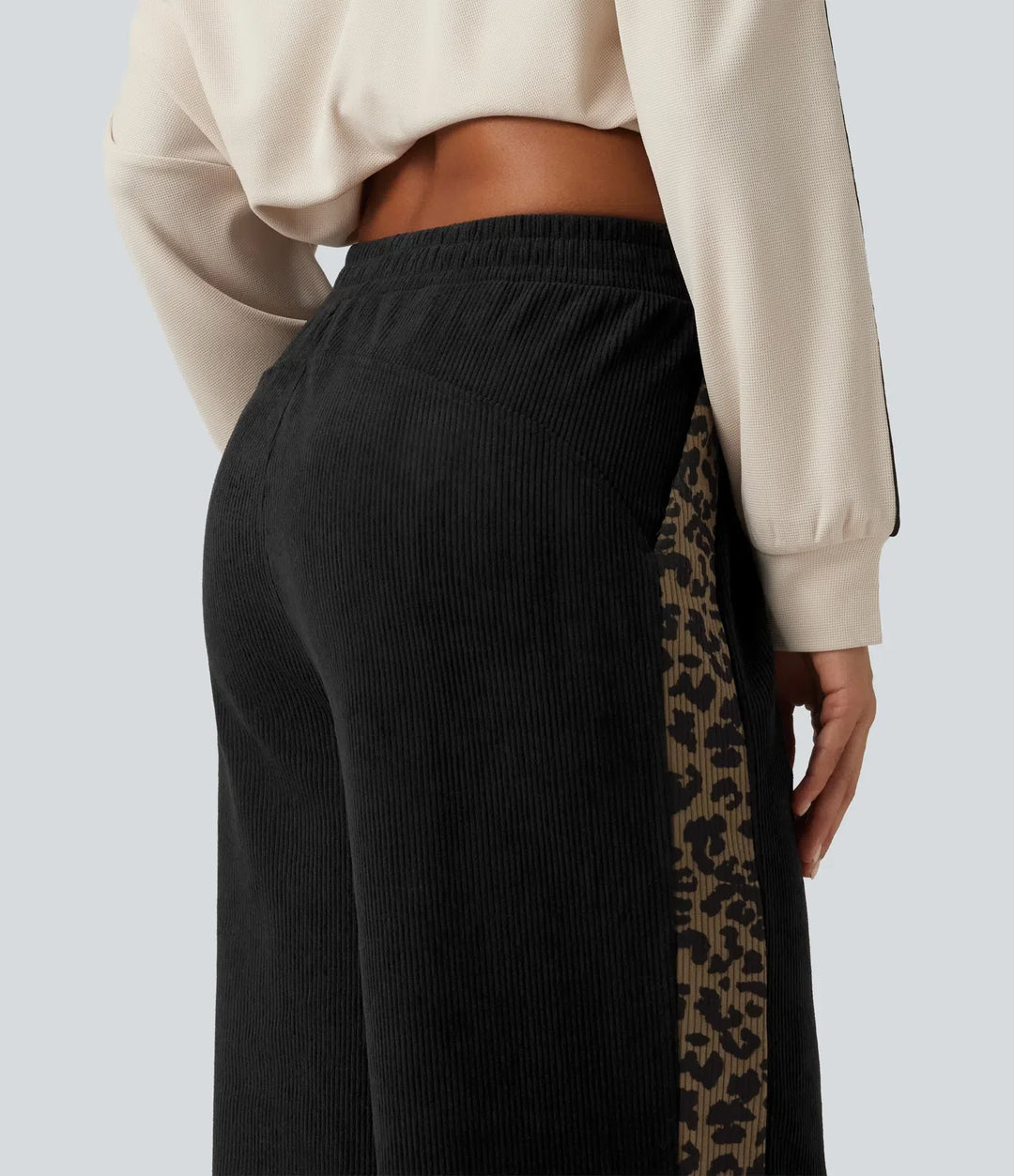 Mid Rise Leopard Print Corduroy Straight Leg Casual Trousers with Pockets
