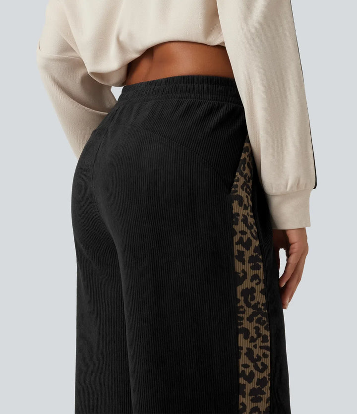 Mid Rise Leopard Print Corduroy Straight Leg Casual Trousers with Pockets