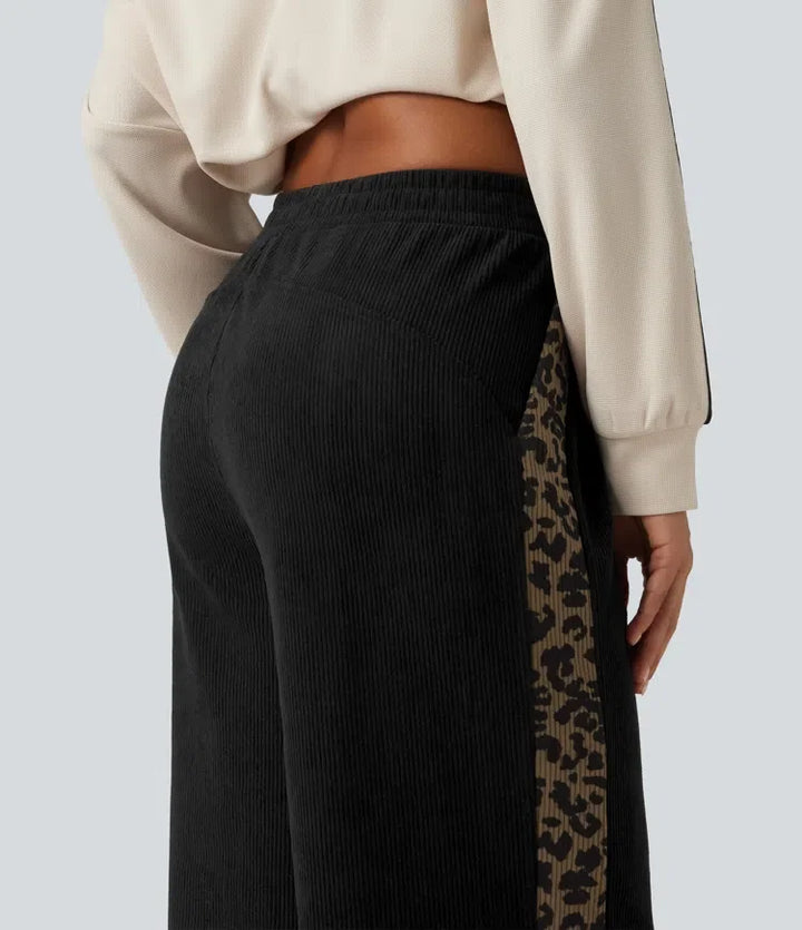 Mid Rise Leopard Print Corduroy Straight Leg Casual Trousers with Pockets