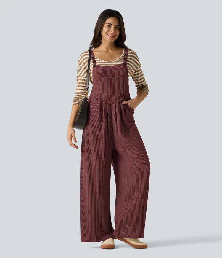 Ribbed Knit Casual Dungarees with Pockets