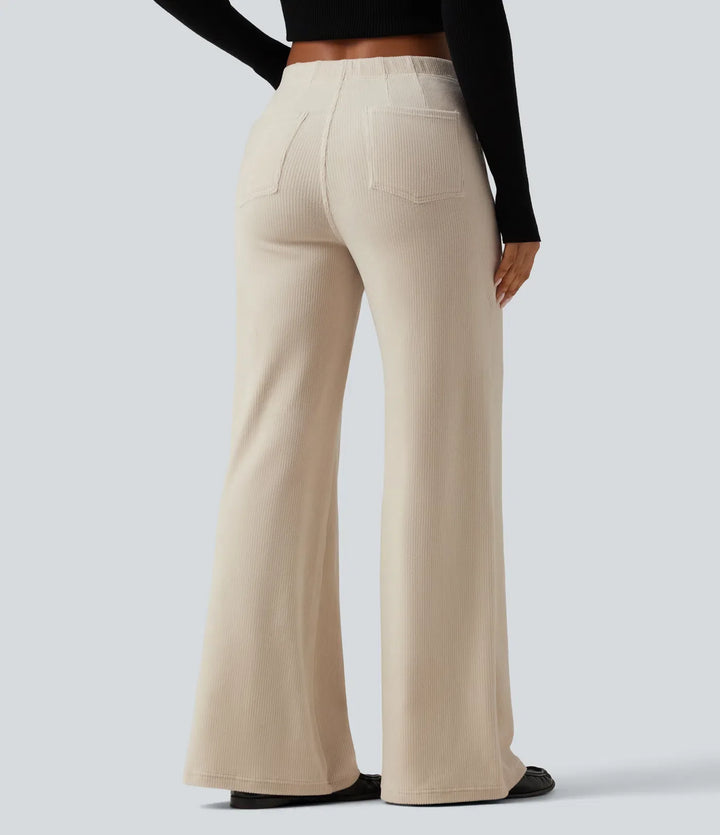 Mid Rise Wide Leg Corduroy Casual Trousers with Pockets
