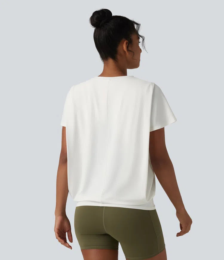 Round Neck Short Sleeve Ruched InstantCool Yoga Sports Top-UPF50+