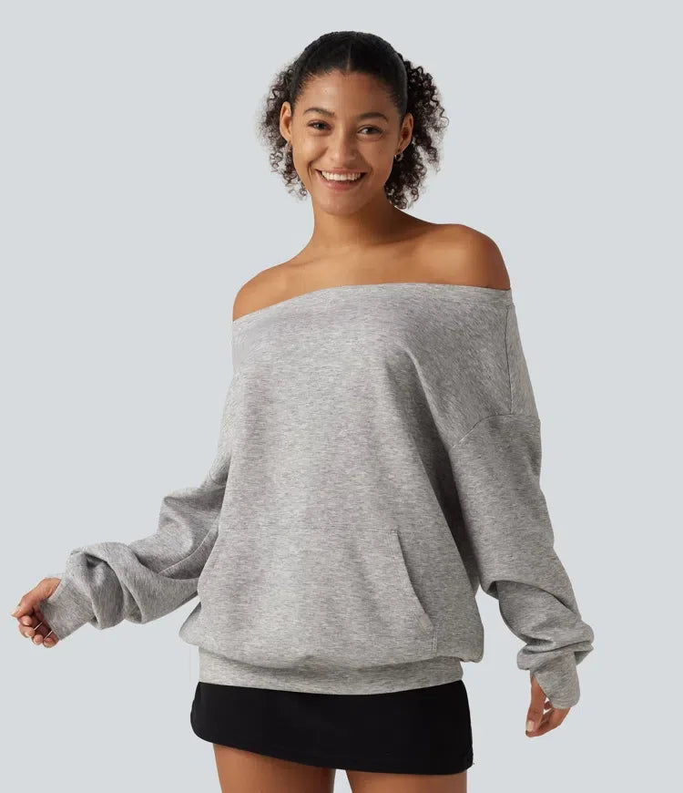 One Shoulder Long Sleeve Pullover Casual Sweatshirt with Pocket and Thumbholes
