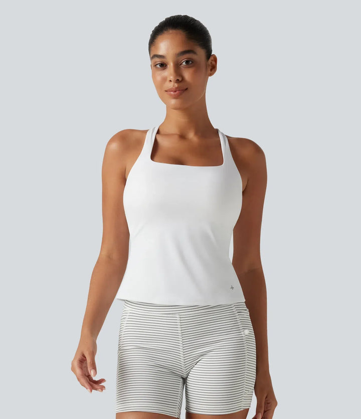 SoftlyZero Airy Square Neck Built-in Bra InstantCool Training Tank Top-Longer Length-UPF50+ DD-F Cups