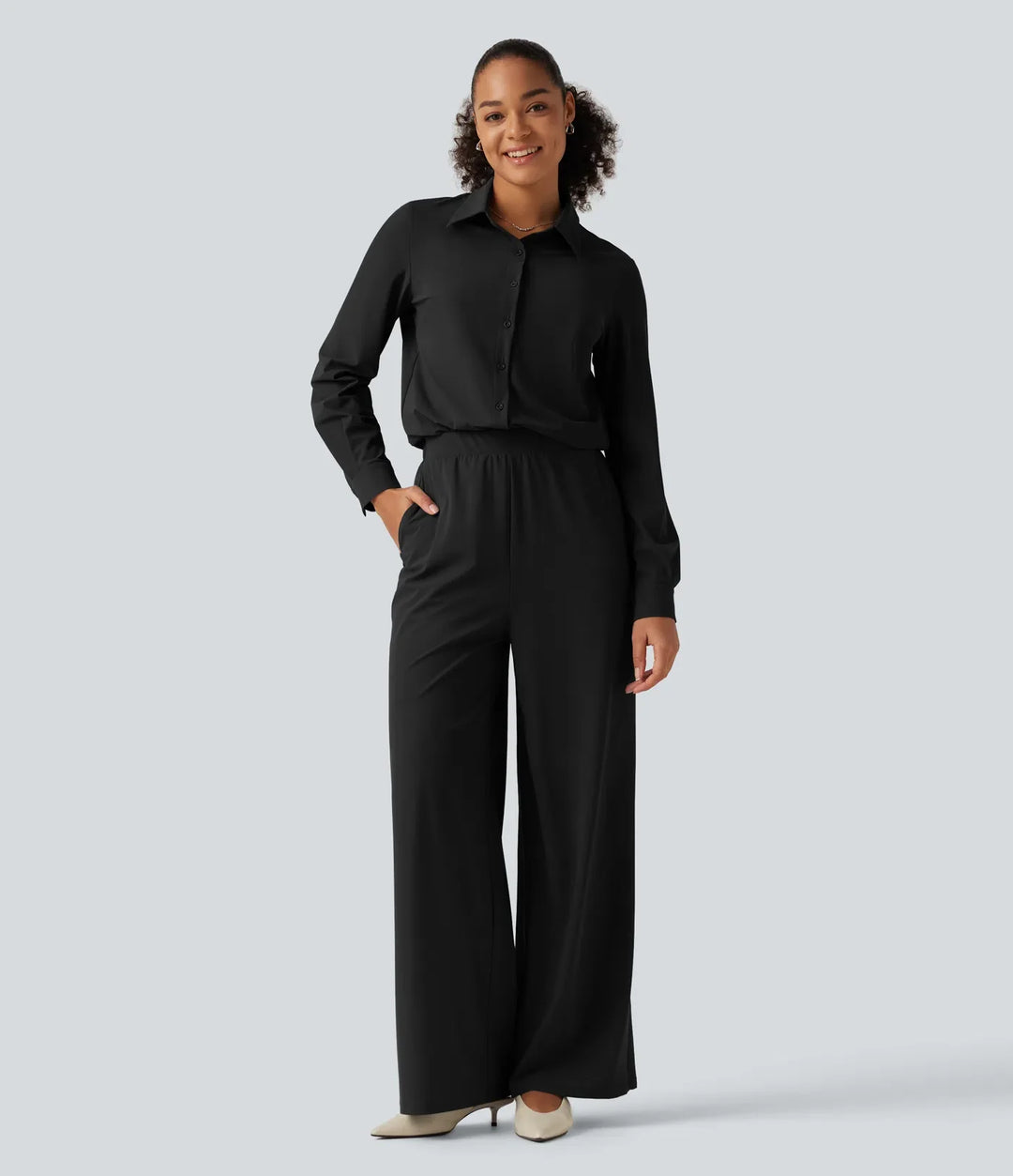 Long Sleeve Straight Leg Work Shirt Jumpsuit with Pockets-Easy Peezy Edition