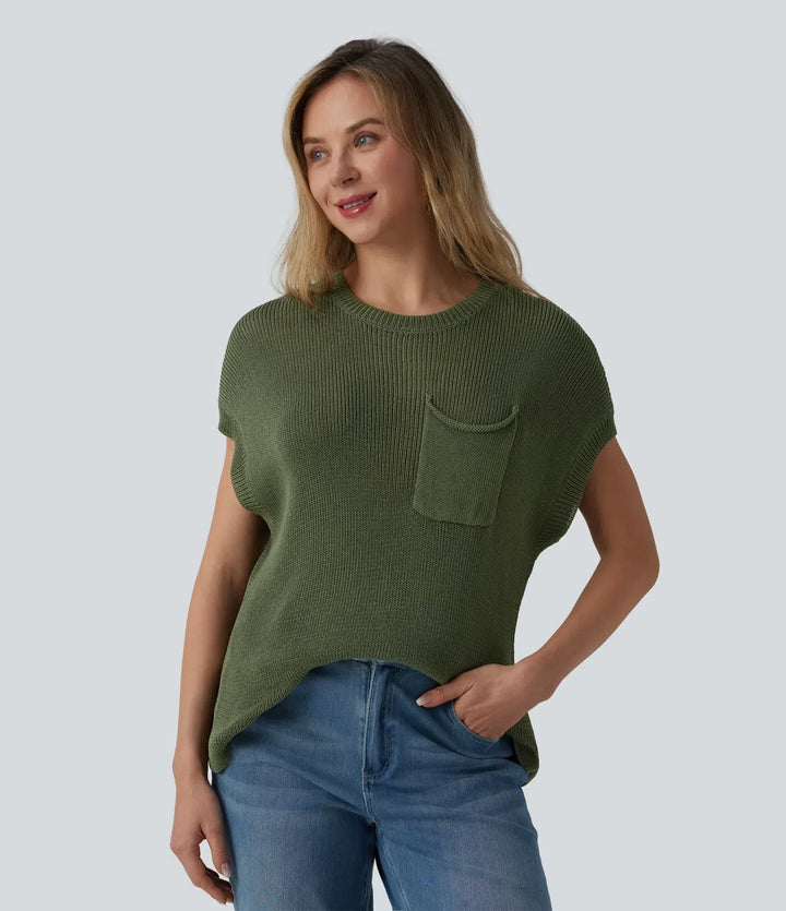 Round Neck Batwing Sleeve Casual Jumper with Pocket