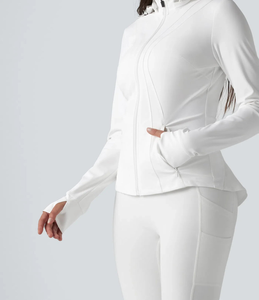 Removable Hood Thumb Holes Ruffle Hem Slim Hiking Jacket