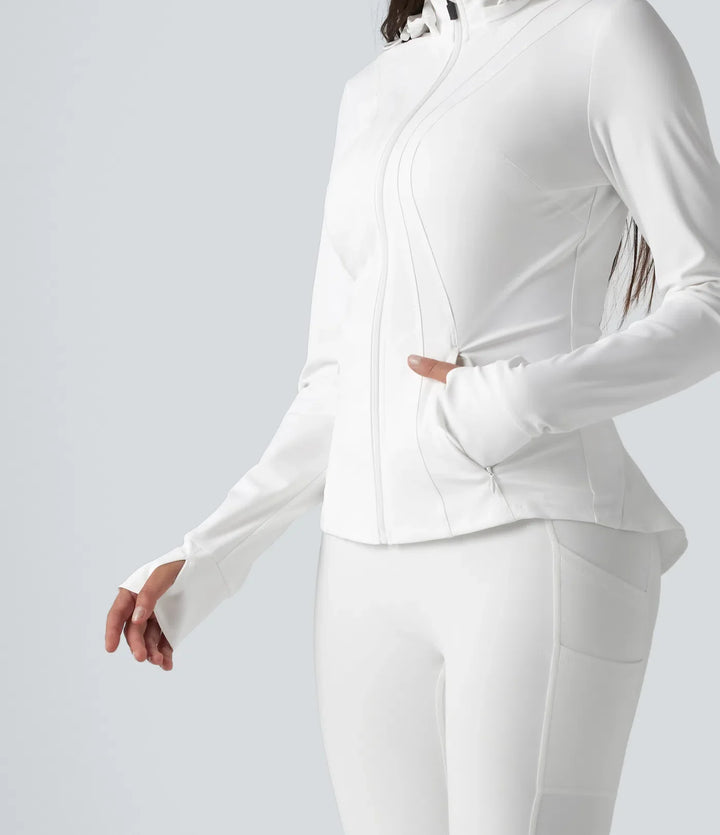 Removable Hood Thumb Holes Ruffle Hem Slim Hiking Jacket