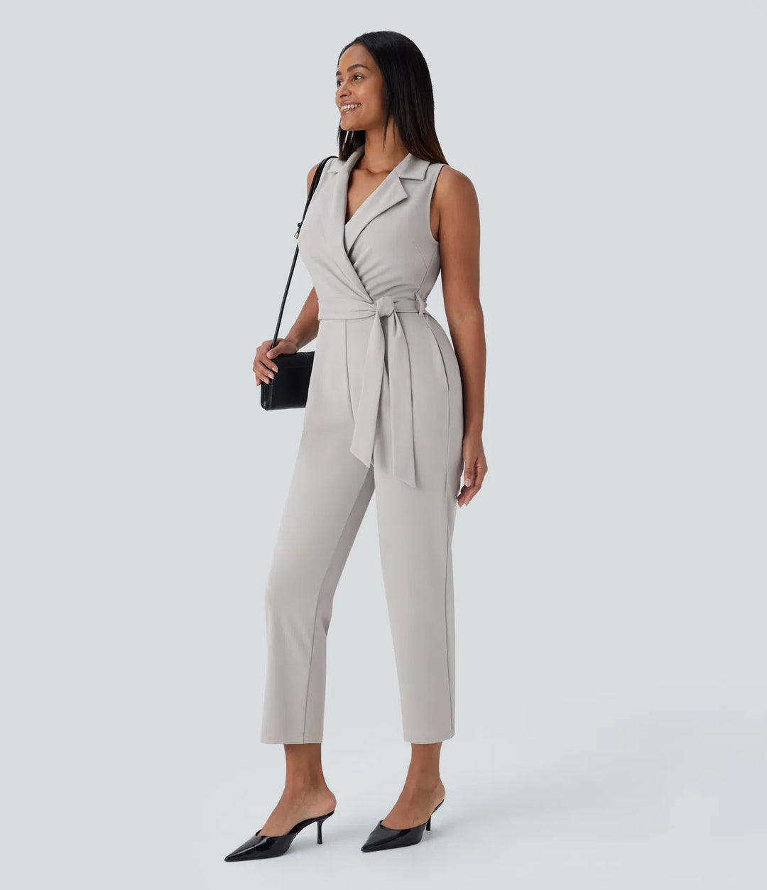 Sleeveless Pockets Belted Tapered Work Jumpsuit