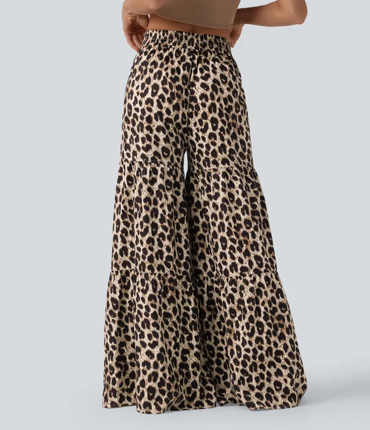 Mid Rise Tie Front Baggy Leopard Print Casual Trousers with Pockets