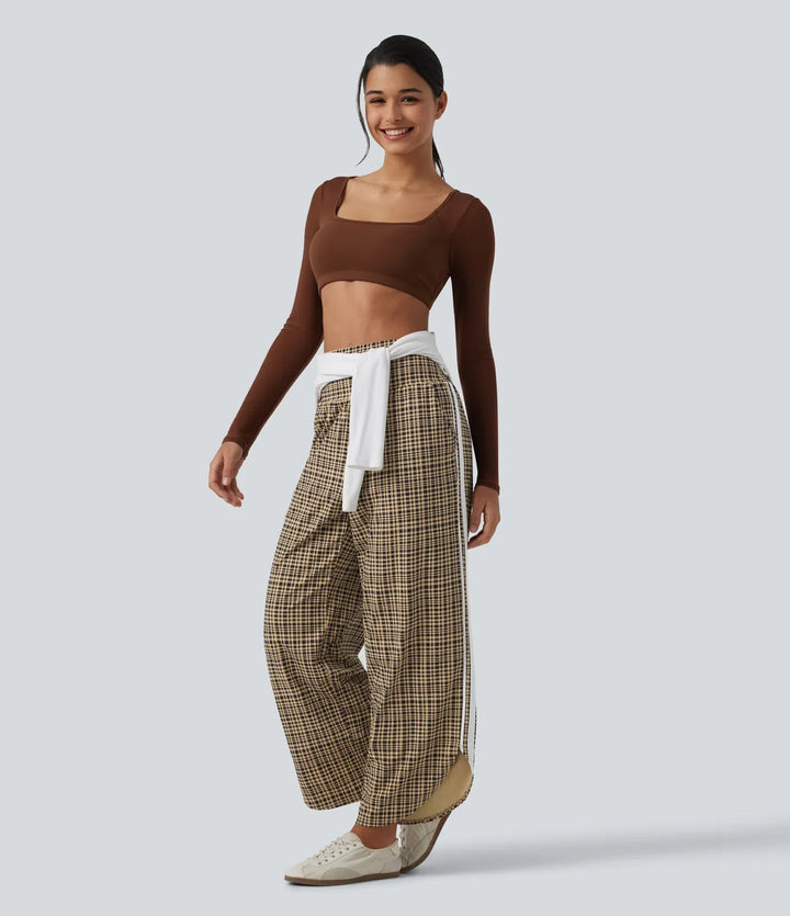 High Waisted Tummy Control Plaid Wide Leg Running Trousers with Pockets