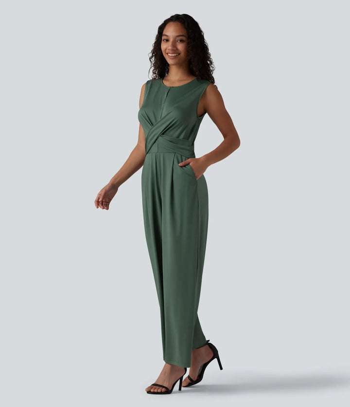 Round Neck Sleeveless Crossover Waist Work Straight-leg Jumpsuit with Pockets-Easy Peezy