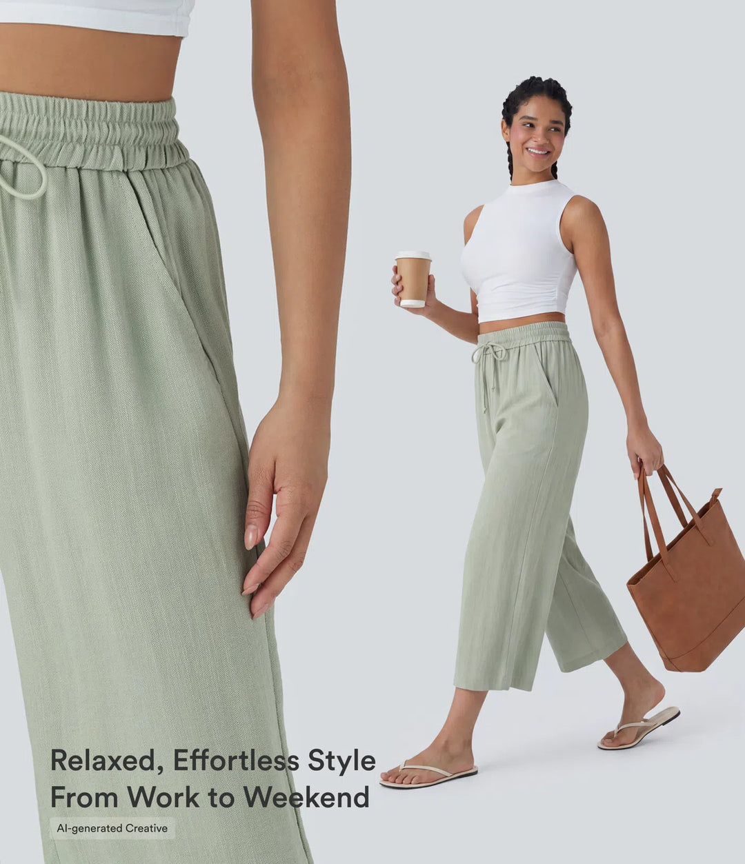 High Waisted Drawstring Wide Leg Cropped Casual Linen-Feel Trousers with Pockets