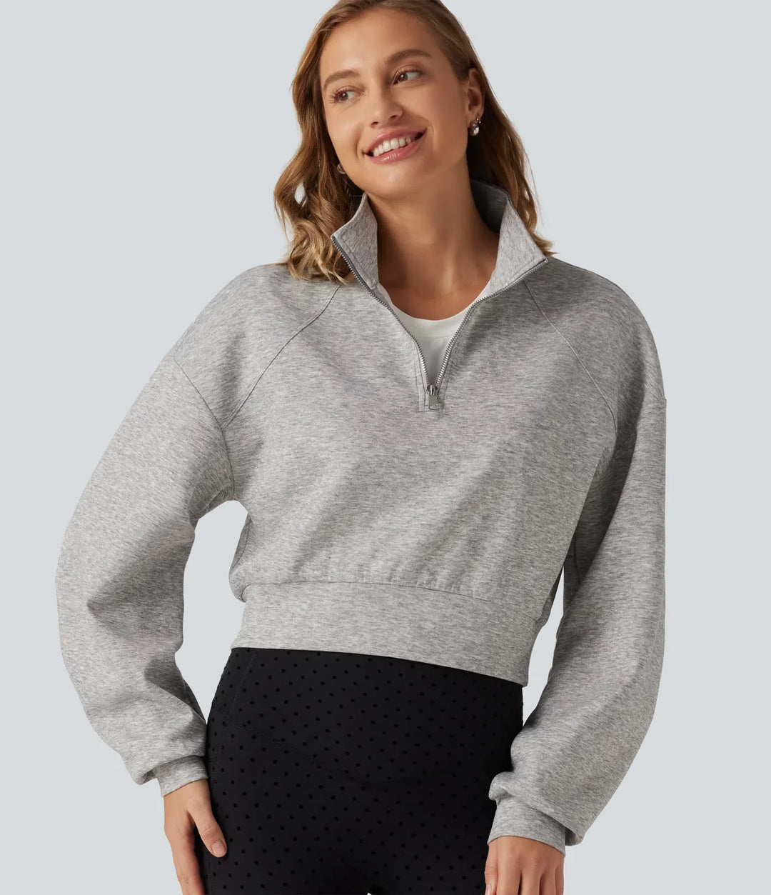 Stand Collar Half-Zip Raglan Long Sleeve Casual Cropped Sweatshirt