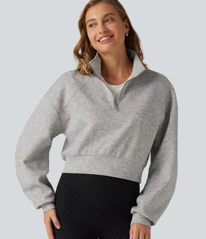 Stand Collar Half-Zip Raglan Long Sleeve Casual Cropped Sweatshirt