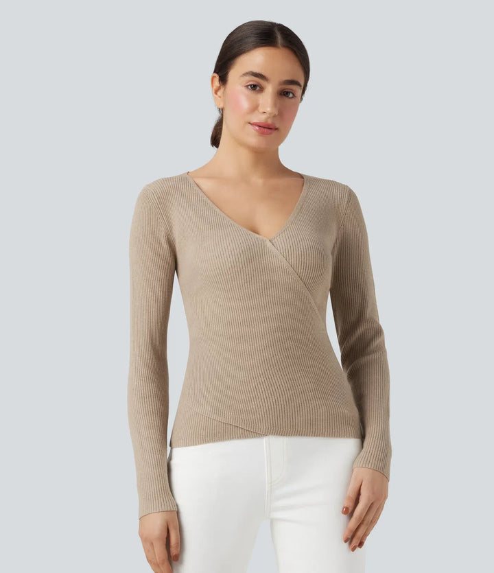 V-neck Long Sleeve Crossover Slim Work Jumper
