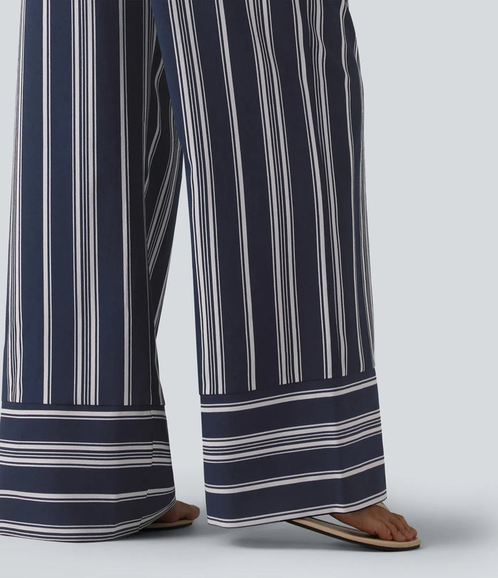 High Waisted Belted Stripes Resort Baggy Trousers with Pockets