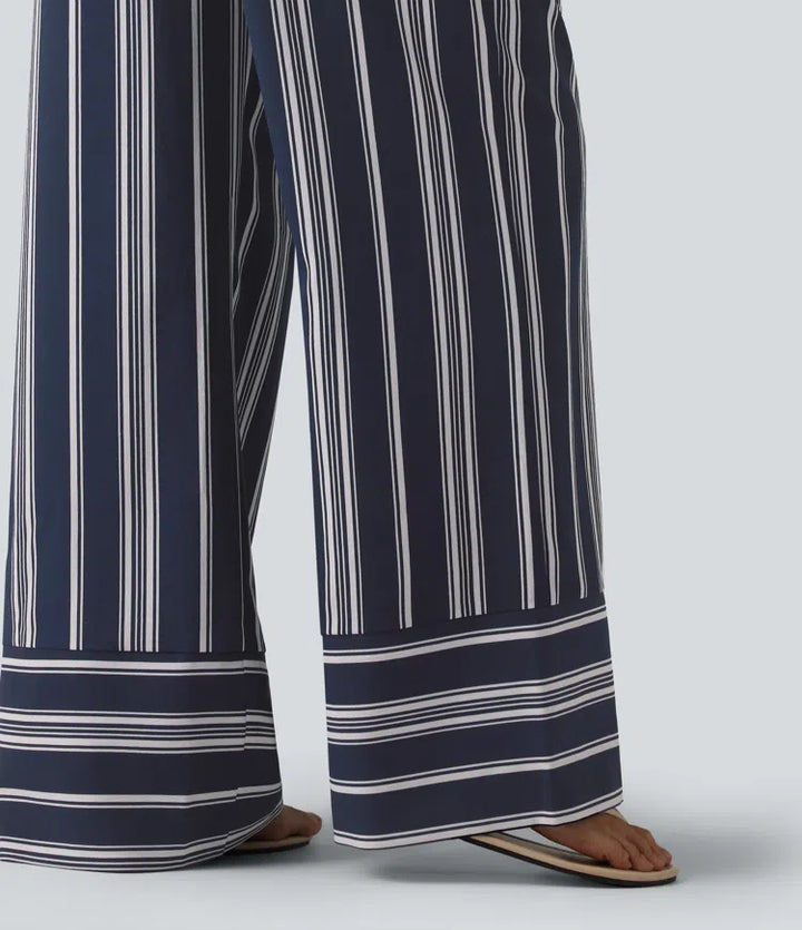 High Waisted Belted Stripes Resort Baggy Trousers with Pockets