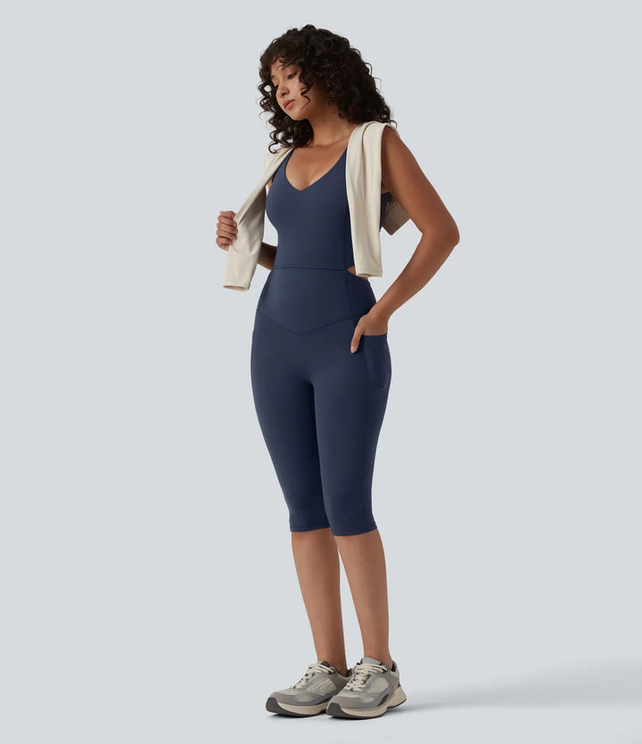 Halara UltraSculpt V Neck Tummy Control Butt Lifting Workout Jumpsuit with Pockets-Easy Peezy Edition