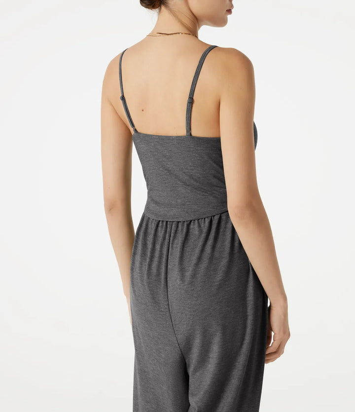 Adjustable Straps Ruched Built-in Bra Heathered Casual Jogger Jumpsuit with Pockets-Easy Peezy