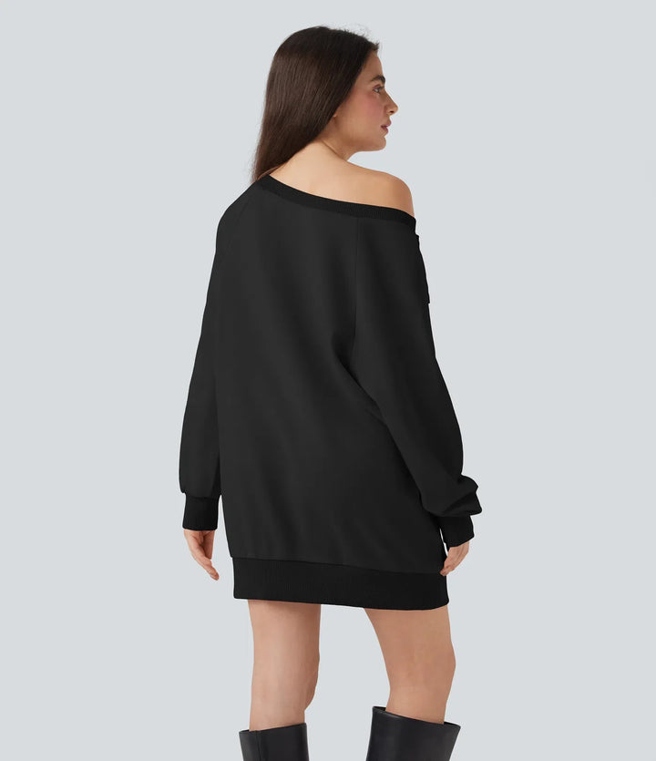 Bow Boat Neck Long Sleeve Casual Cotton Sweatshirt with Pockets