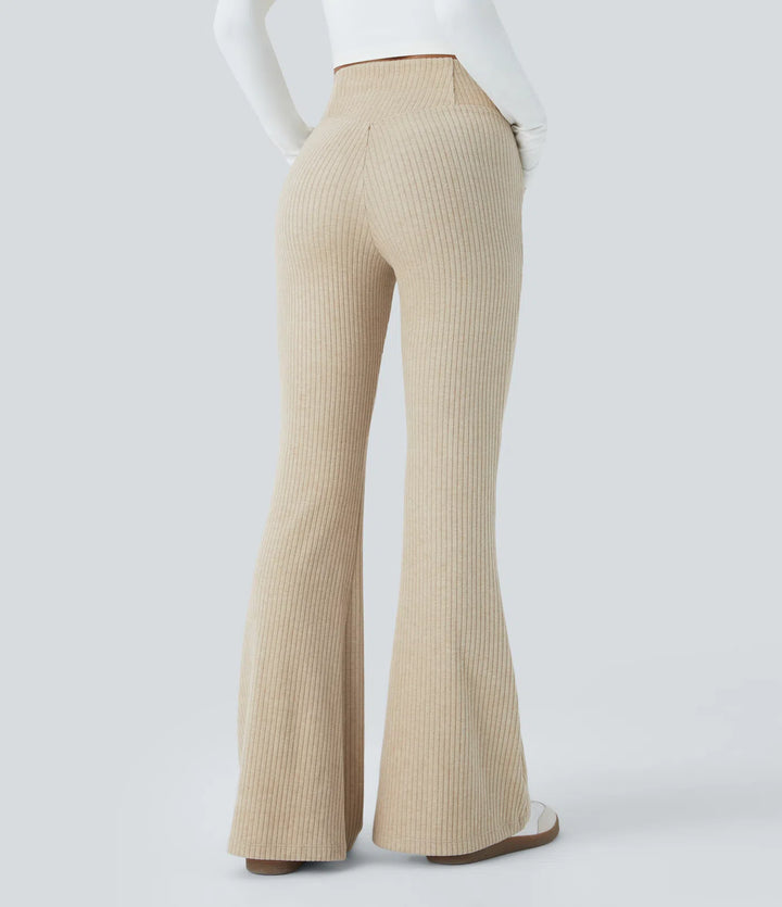 Ribbed Knit Crossover High Waisted Pocket Casual Flare Trousers