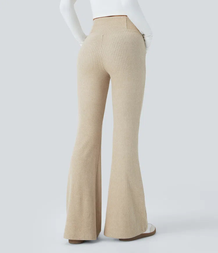 Ribbed Knit Crossover High Waisted Pocket Casual Flare Trousers