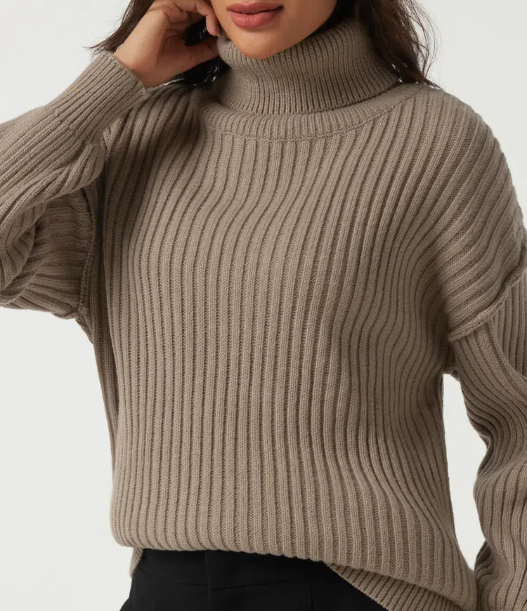 High Neck Long Sleeve Dropped Shoulder Casual Wool-Blend Jumper