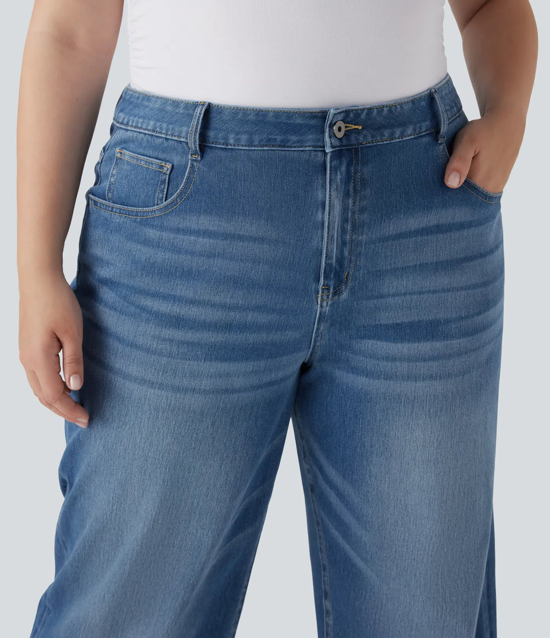 Plus Size Halara Flex High Waisted Wide Leg Rolled Hem Washed Stretchy Knit Casual Jeans with Pockets