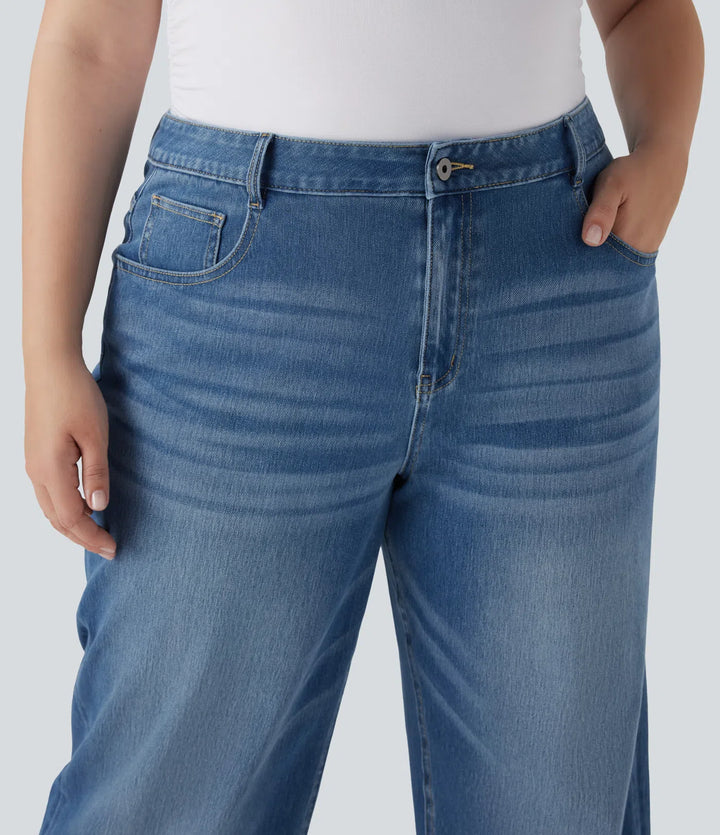 Plus Size Halara Flex High Waisted Wide Leg Rolled Hem Washed Stretchy Knit Casual Jeans with Pockets