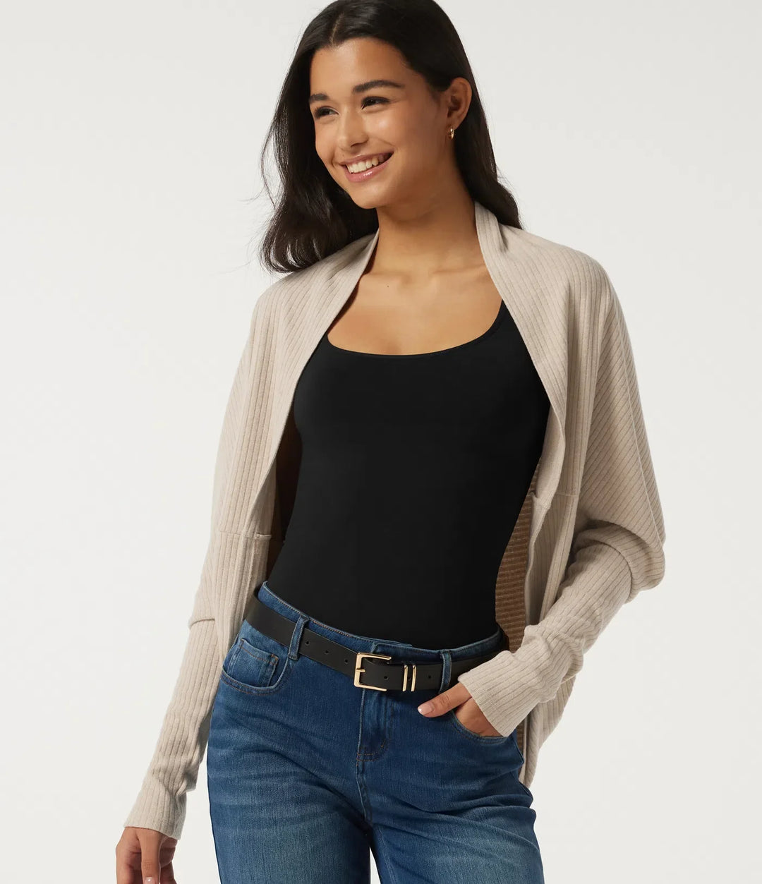 Ribbed Knit Batwing Long Sleeve Curved Hem Casual Cardigan