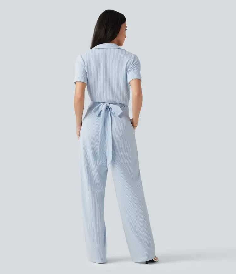 Short Sleeve Wrapped Tie Back Stripe Crinkle Cotton Casual Shirt Jumpsuit with Pockets-Easy Peezy Edition