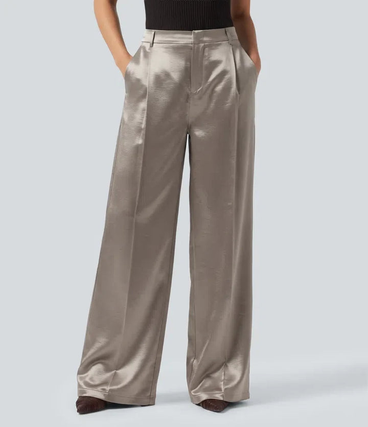 High Waisted Straight Leg Satin Work Trousers with Pockets
