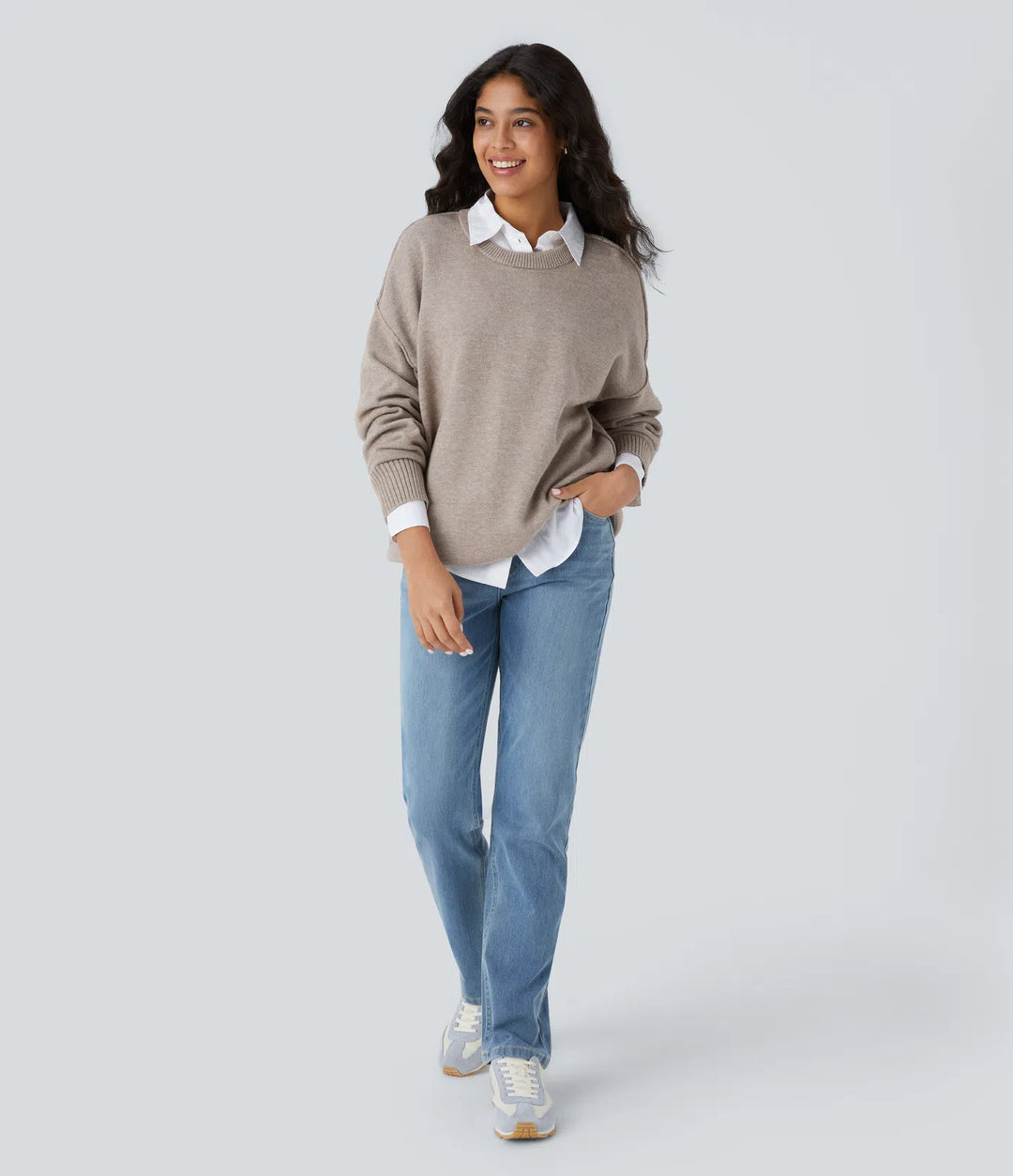 Round Neck Dropped Shoulder Long Sleeve Casual Jumper