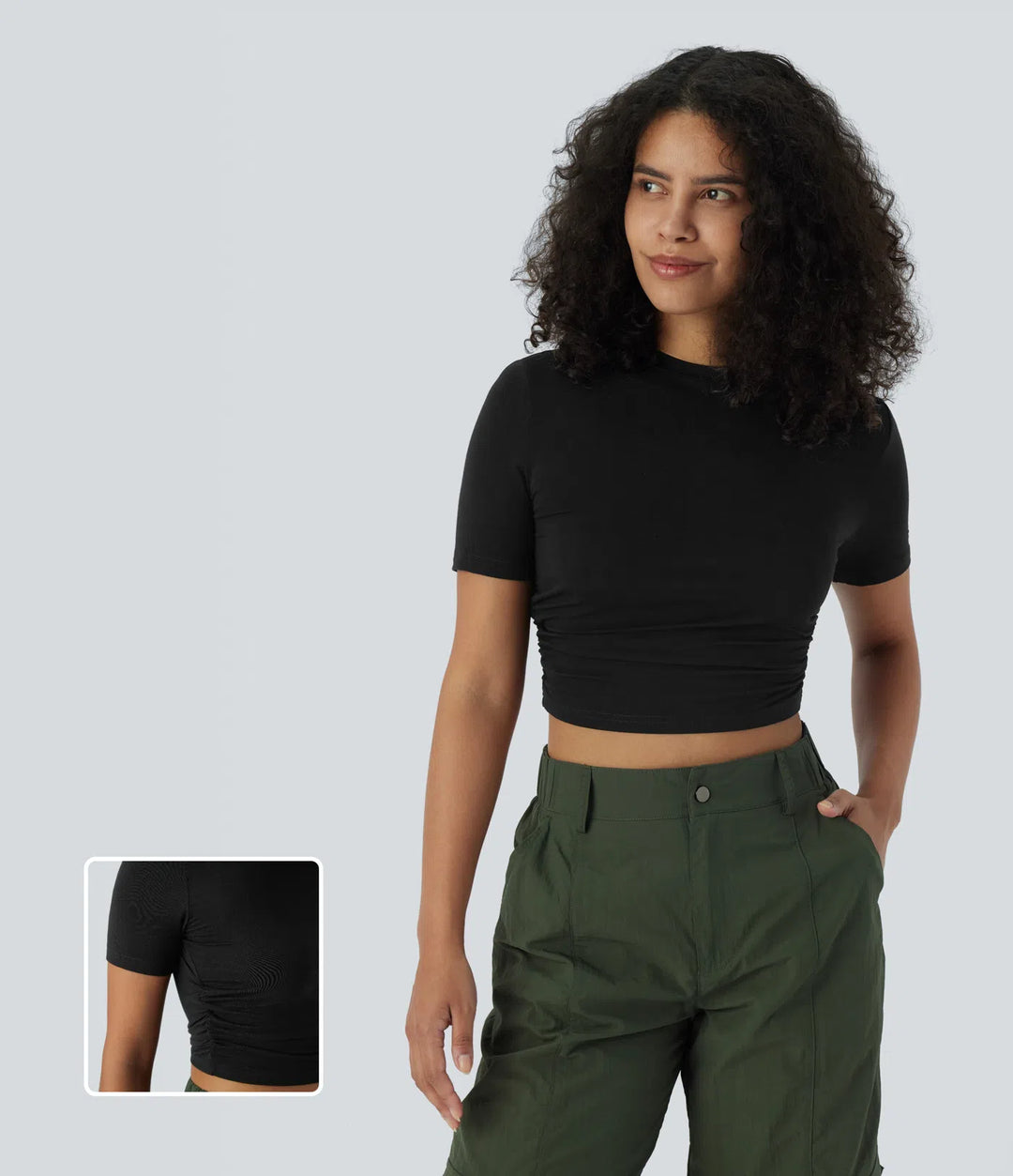 Round Neck Short Sleeve Ruched Skinny Cropped Casual T-Shirt