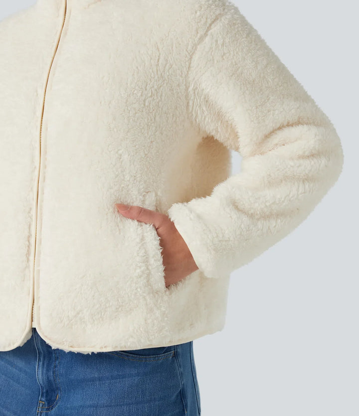 Stand Collar Long Sleeve Casual Sherpa Jacket with Pockets