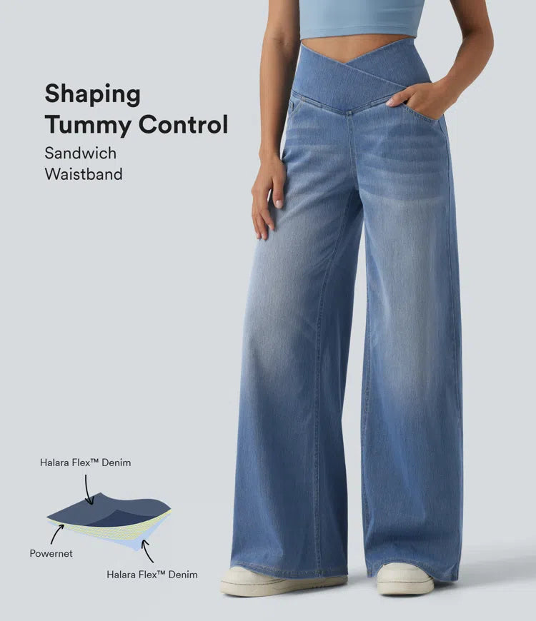 Halara Flex Crossover High Waisted Tummy Control Wide Leg Casual Jeans with Pockets