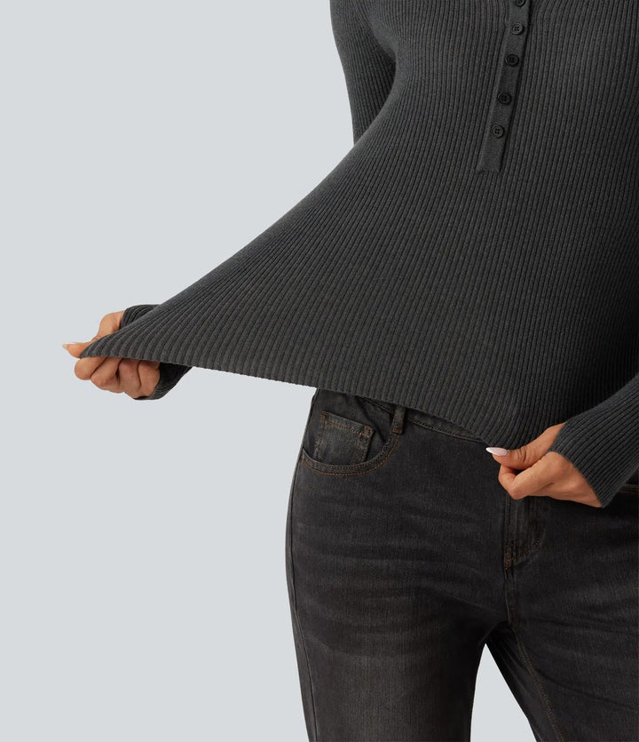 Henley Neck Long Sleeve Thumb Hole Work Wool-Blend Jumper
