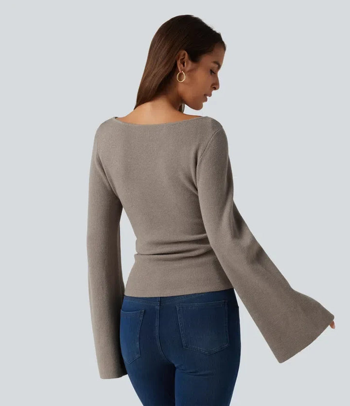 Boat Neck Flounce Long Sleeve Casual Jumper