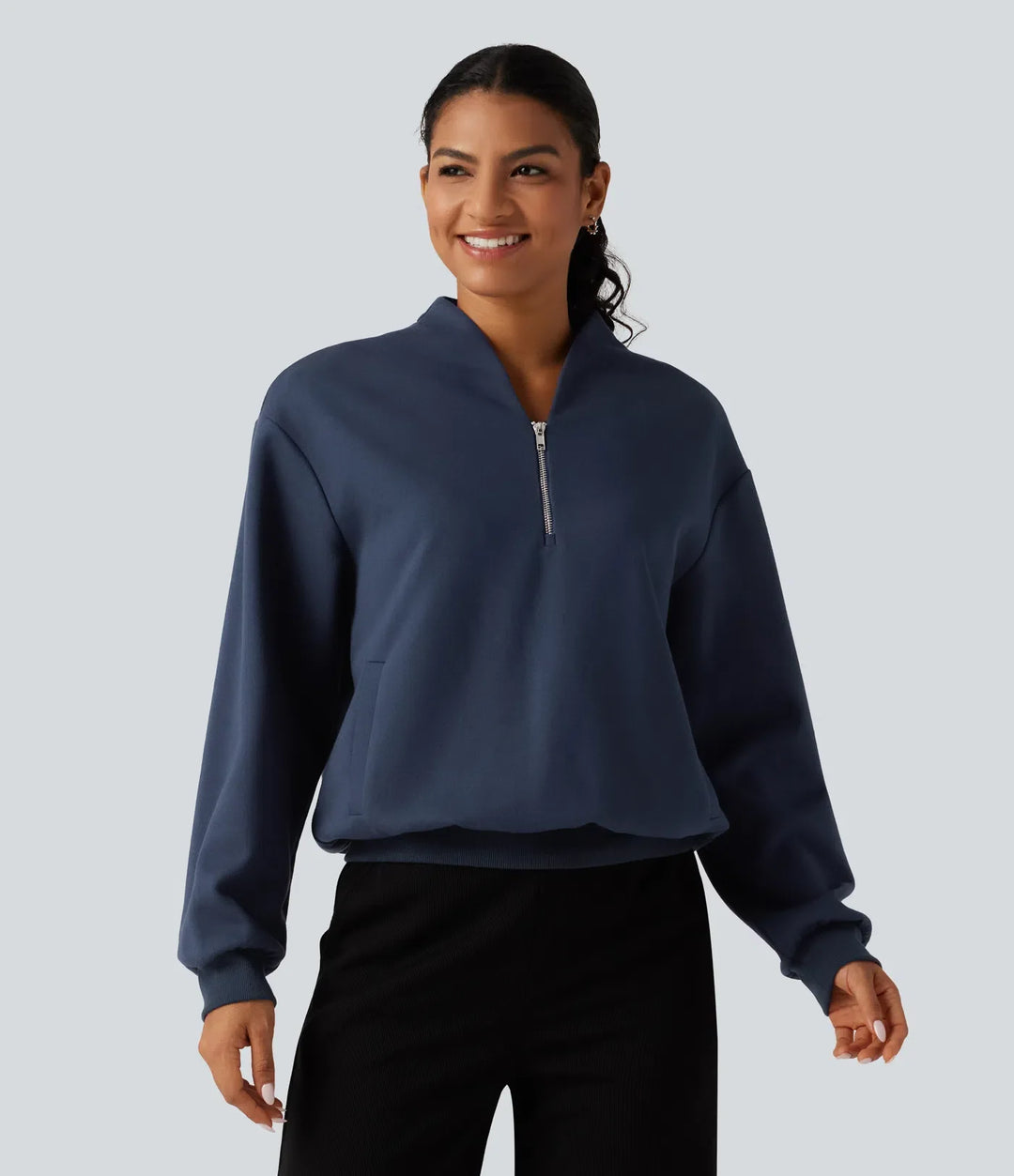 Stand Collar Long Sleeve Casual Cotton Sweatshirt with Pockets