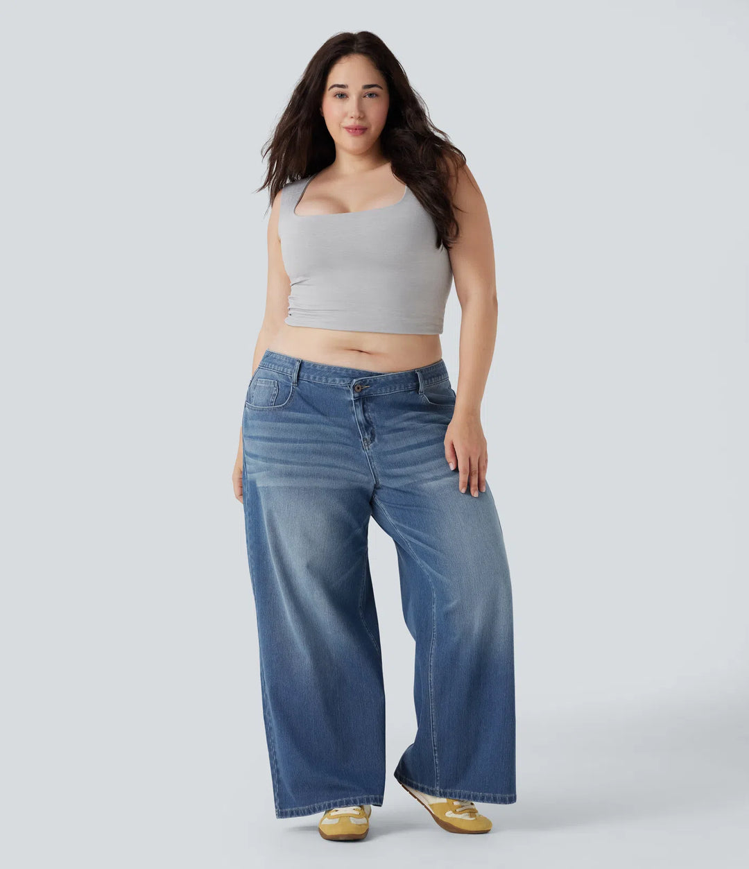 Plus Size Halara Flex Asymmetric Low Rise Wide Leg Washed Casual Jeans with Pockets