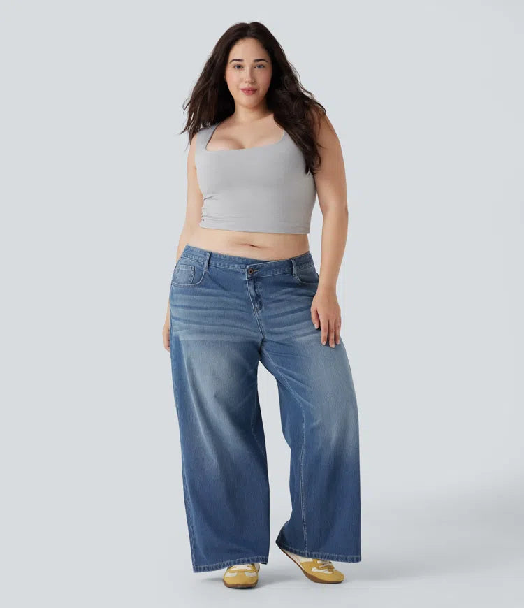 Plus Size Halara Flex Asymmetric Low Rise Wide Leg Washed Casual Jeans with Pockets