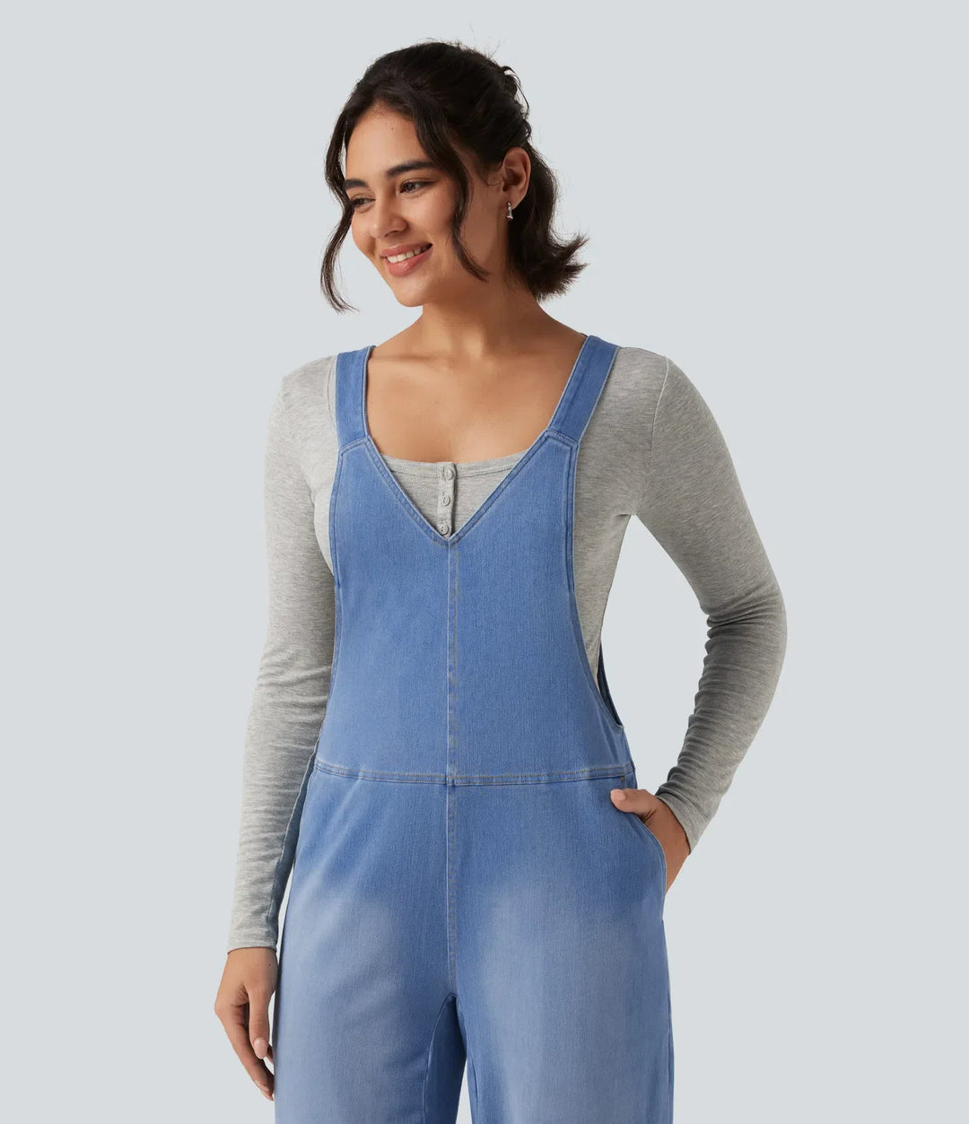 Halara Flex V Neck Sleeveless Barrel Leg Denim Casual Overalls with Pockets