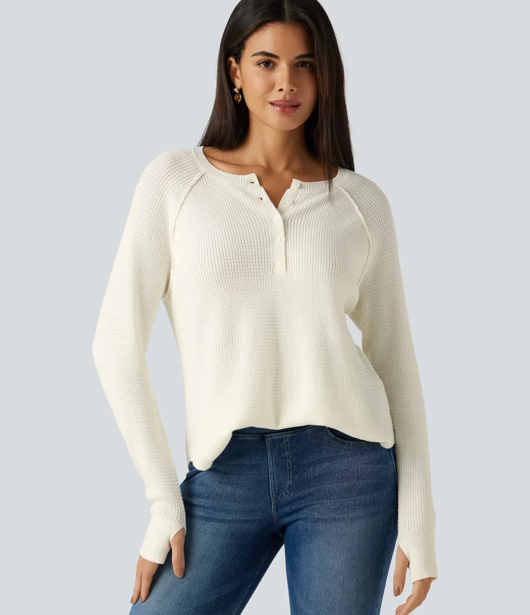 Henley Neck Long Sleeve Thumb Hole Curved Hem Casual Jumper