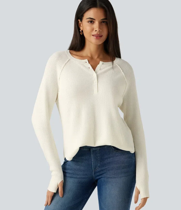 Henley Neck Long Sleeve Thumb Hole Curved Hem Casual Jumper
