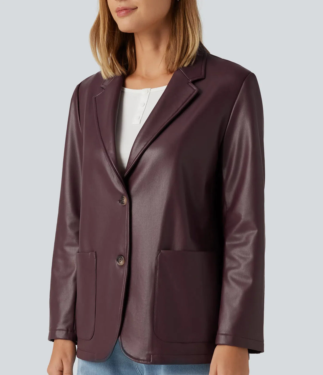 Notched Collar Long Sleeve PU Casual Blazer with Pockets