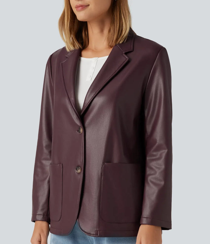Notched Collar Long Sleeve PU Casual Blazer with Pockets
