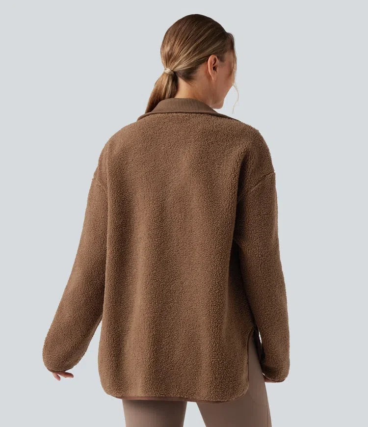 Long Sleeve High-Low Curved Hem Workout Sherpa Jacket with Pockets