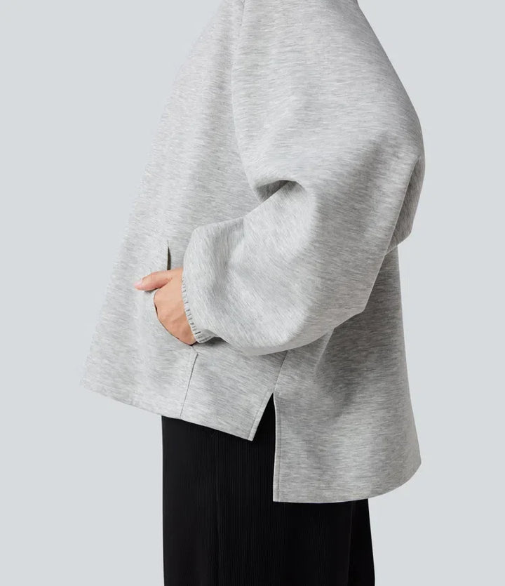 Mock Neck Long Sleeve High Low Casual Sweatshirt with Pocket