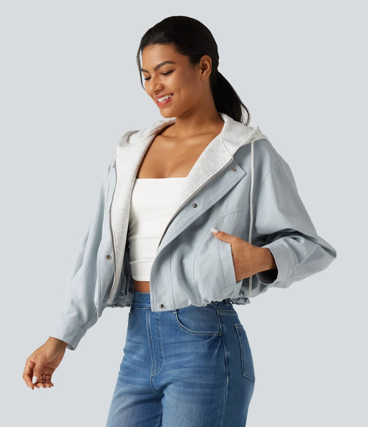 Hooded Long Sleeve Open Front Casual Jacket with Pockets